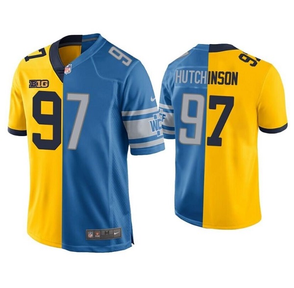 Men's Lions #97 Aidan Hutchinson Yellow Blue Split Stitched Game Jersey